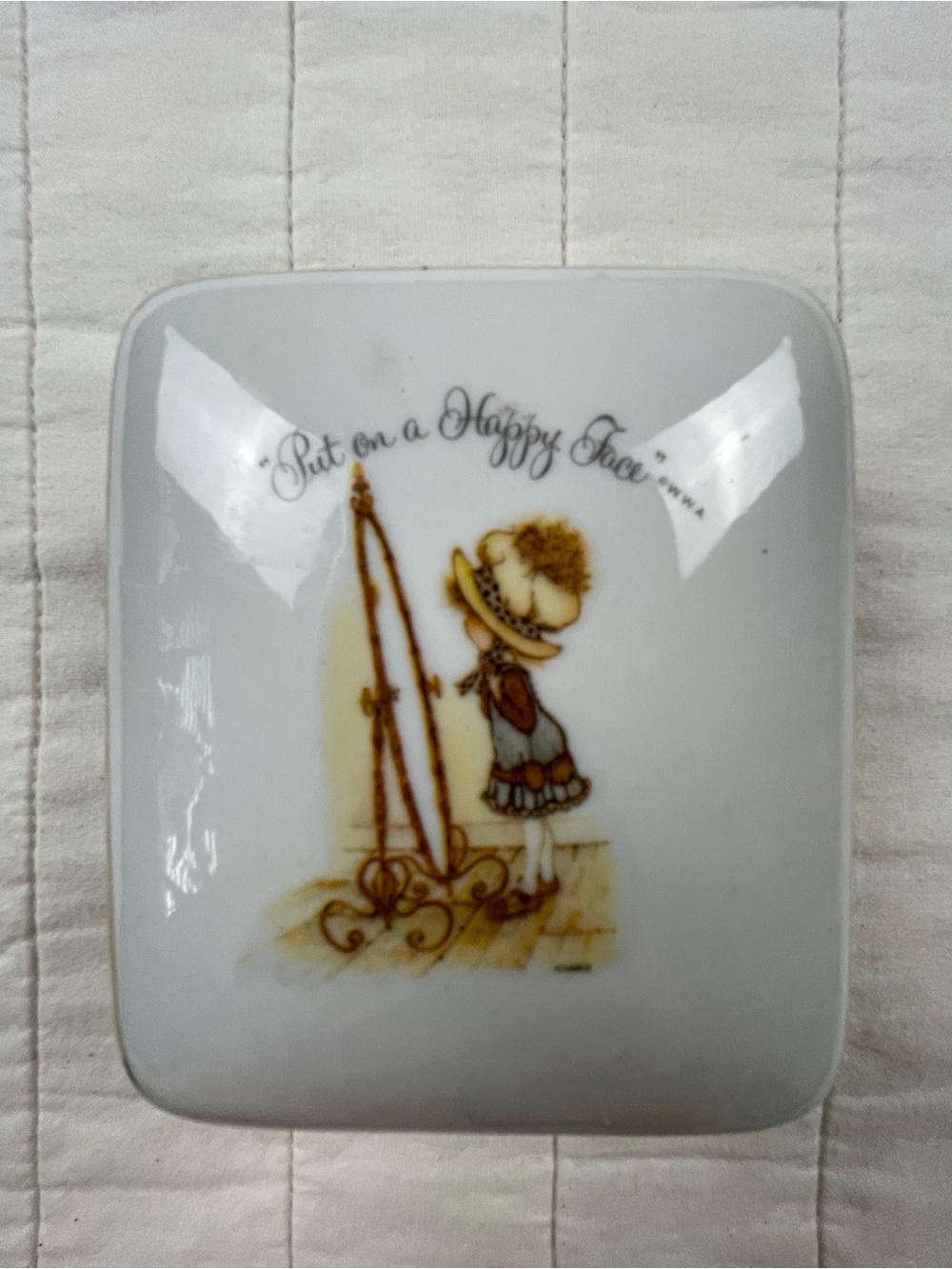 Vintage Holly Hobbie Ceramic Trinket Dish with 'Put on a Happy Face'